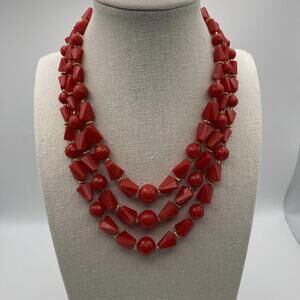 Vintage Red Gold Tone 3 Strand Faceted Acrylic Beaded Necklace